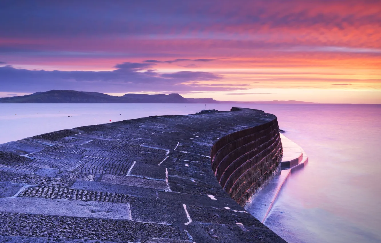 Photo wallpaper dawn, England, glow, dam, harbour, Cobb, Dorset, Lyme Regis