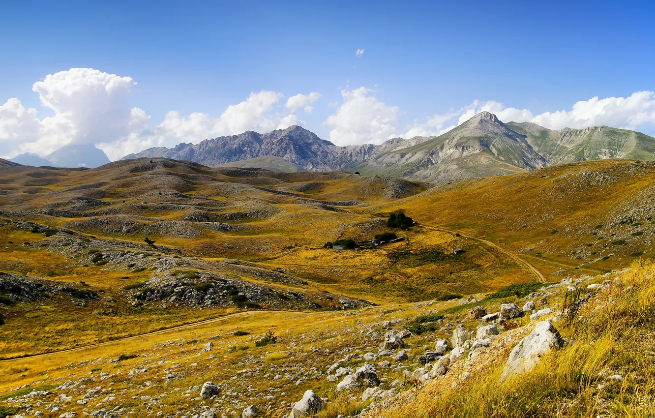 Photo wallpaper the sky, grass, clouds, mountains, stones