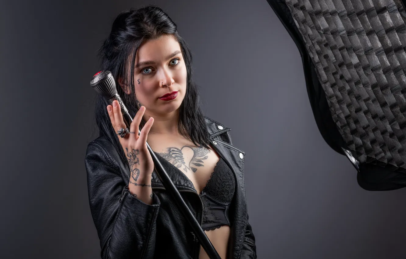 Photo wallpaper look, sexy, piercing, brunette, jacket, cane, beauty, Celine