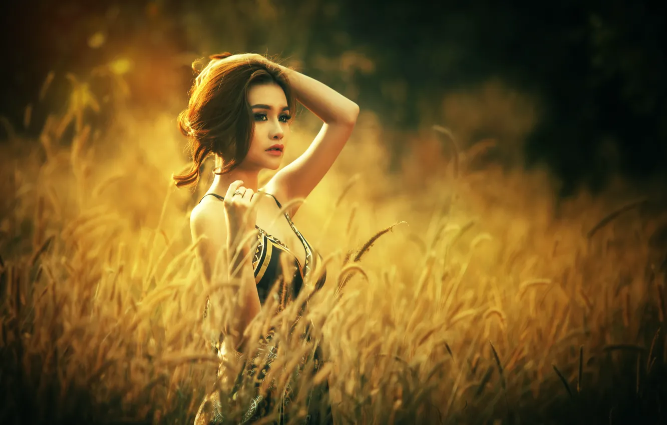Photo wallpaper field, look, girl, face, model, hair, blur, Asian
