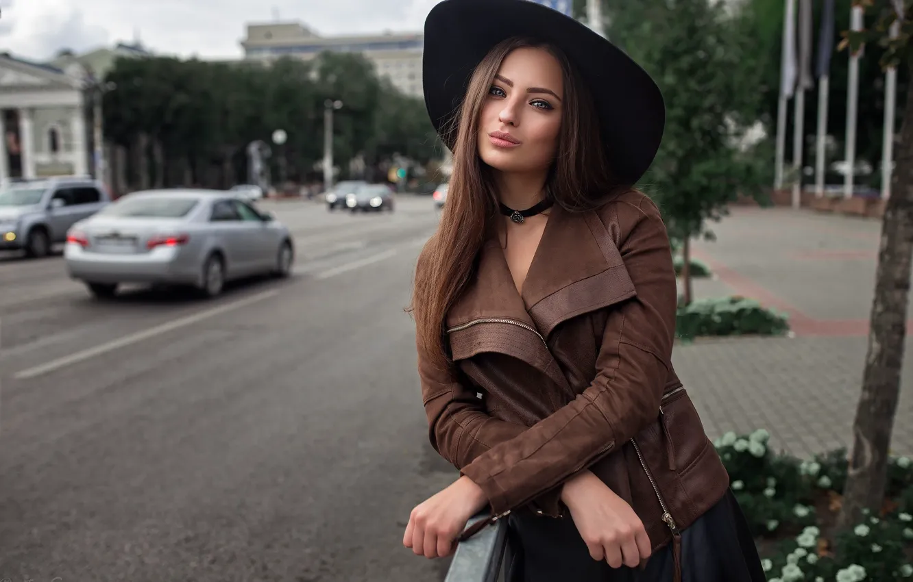 Photo wallpaper road, machine, girl, model, hat, makeup, jacket, hairstyle