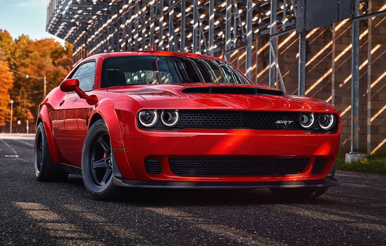 Photo wallpaper car, Dodge, red, Dodge Challenger, Dodge Challenger SRT, Fiat Chrysler Automobiles, Dodge Challenger SRT Demon