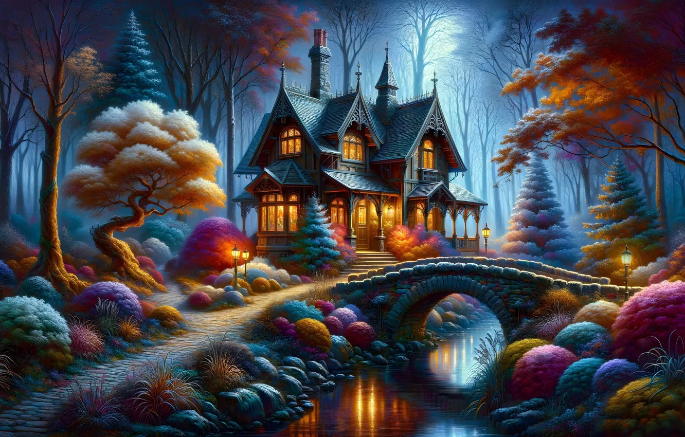 Photo wallpaper flowers, night, bridge, river, plant, home, trail