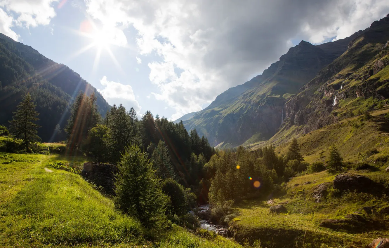 Photo wallpaper mountains, France, Alps, the rays of the sun, Dormillouse, Ecrins