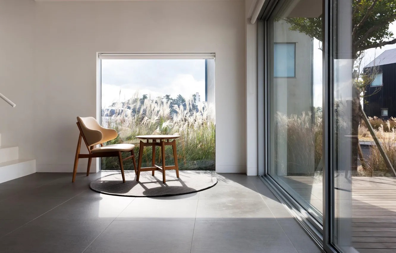 Photo wallpaper interior, minimalism, chair, ladder, table, South Korea, terrace, South Korea