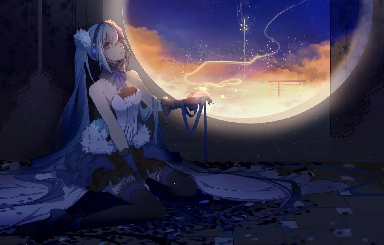 Photo wallpaper lights, headphones, gloves, corset, vocaloid, Hatsune Miku, blue hair, on my knees