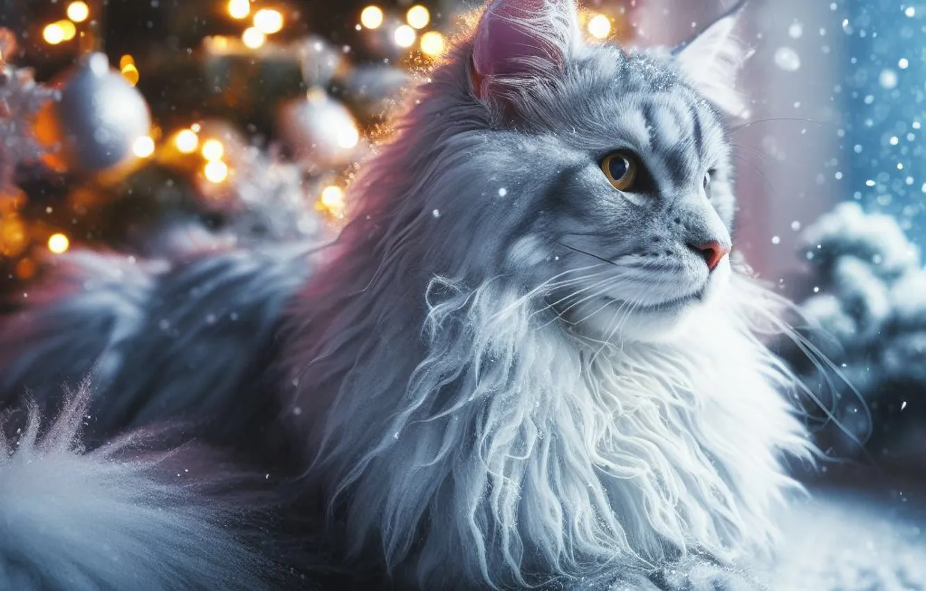 Photo wallpaper winter, cat, white, cat, look, snow, snowflakes, lights