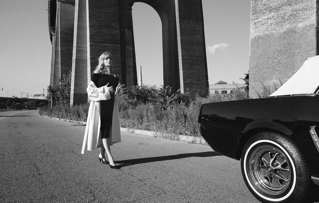 Photo wallpaper road, dress, actress, hairstyle, blonde, shoes, black and white, car