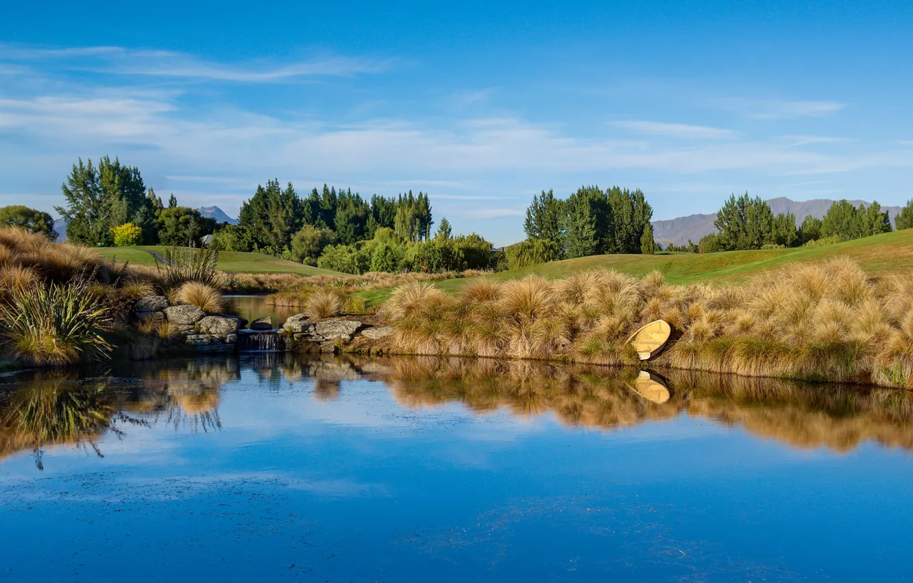 Photo wallpaper the sky, trees, mountains, lake, pond, Park, boat
