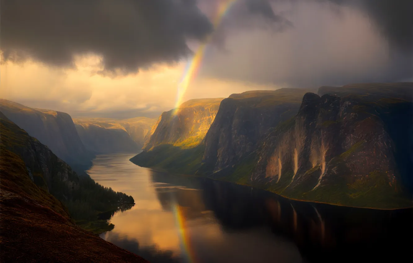 Photo wallpaper landscape, mountains, nature, fog, rendering, art, pond, digital painting