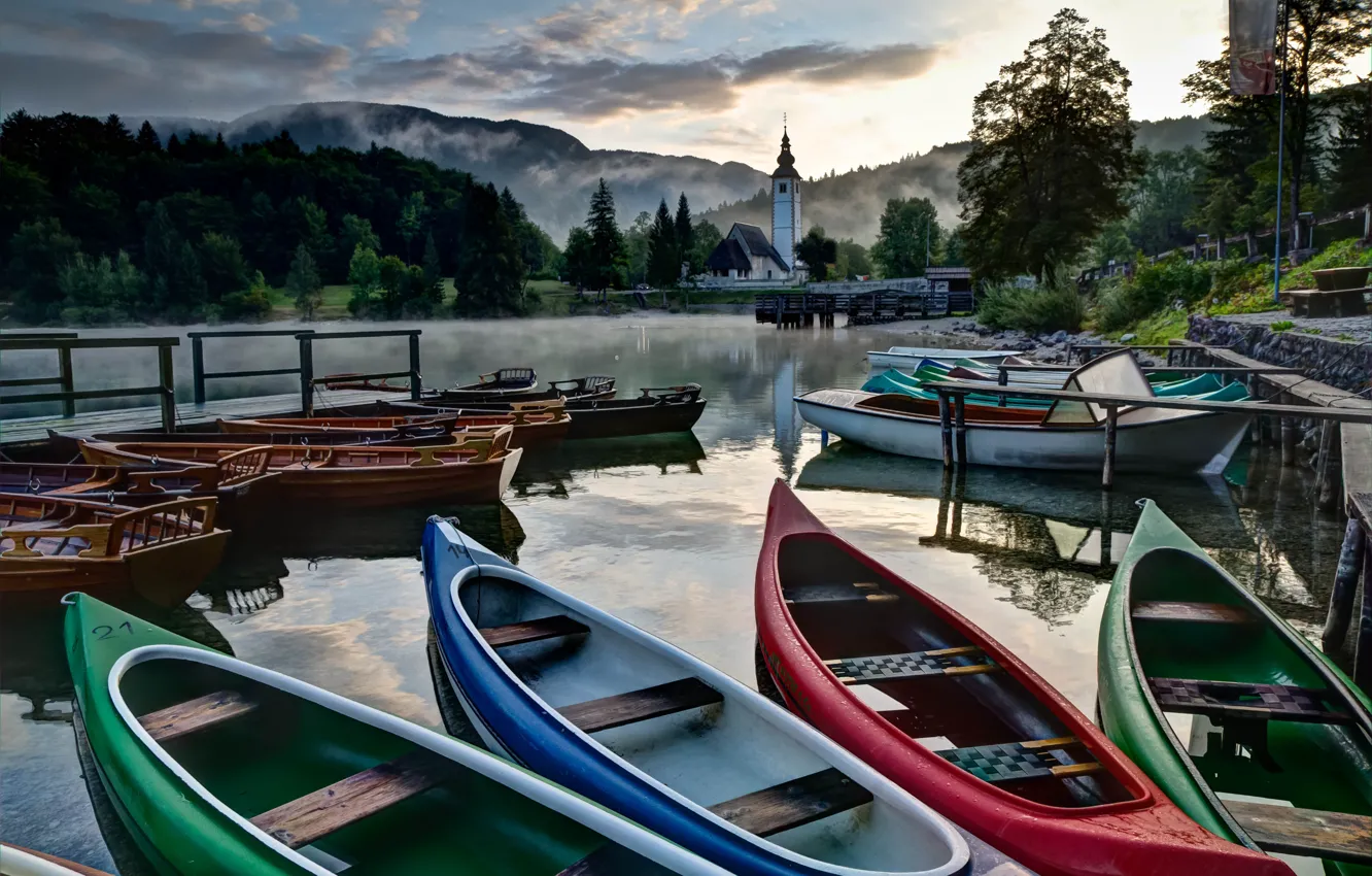 Photo wallpaper landscape, nature, lake, boats, Church, Slovenia, Bohinj, Bohinj