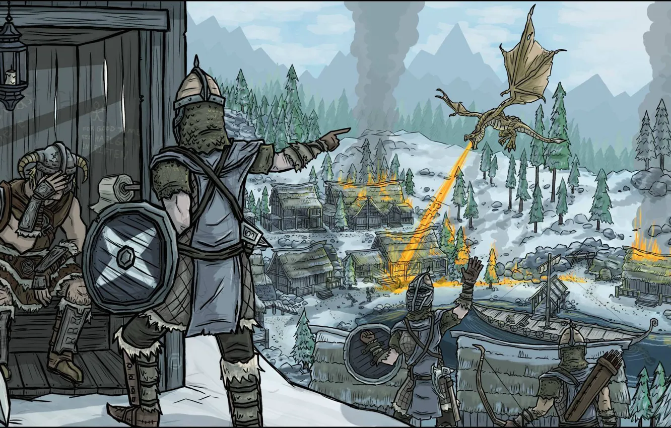 Photo wallpaper fire, dragon, village, dragonborn, Skyrim, The Elder Scrolls V