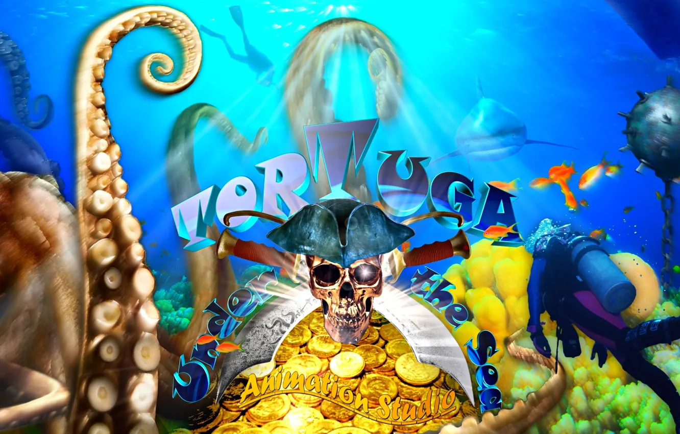 Photo wallpaper sea, fish, gold, island, skull, the bottom, shark, positive