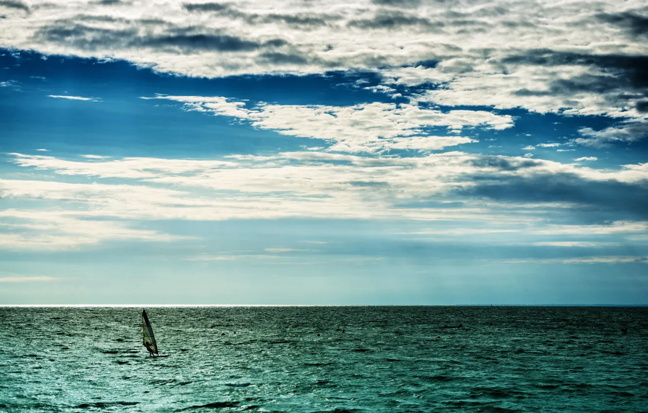 Photo wallpaper sea, the sky, clouds, the wind, horizon, Windsurfing, extreme sports