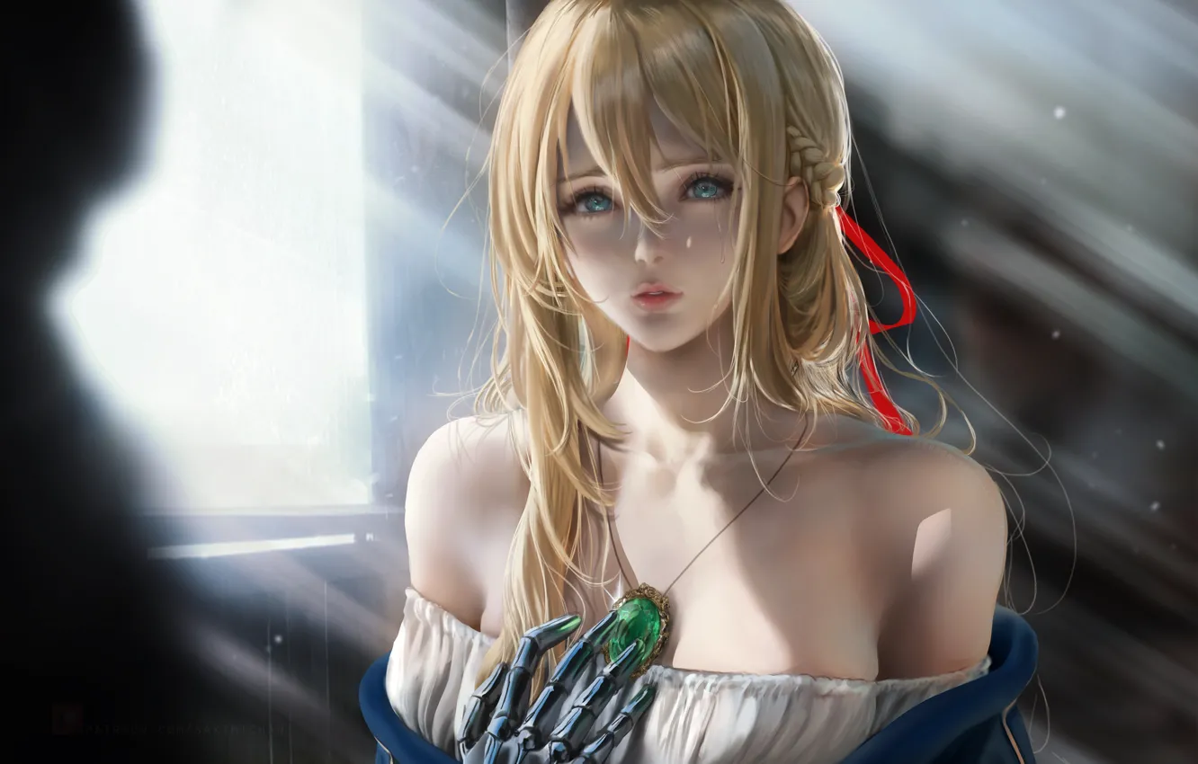 Photo wallpaper neckline, blue eyes, shoulders, sunlight, brooch, iron hand, red ribbon, Violet Evergarden