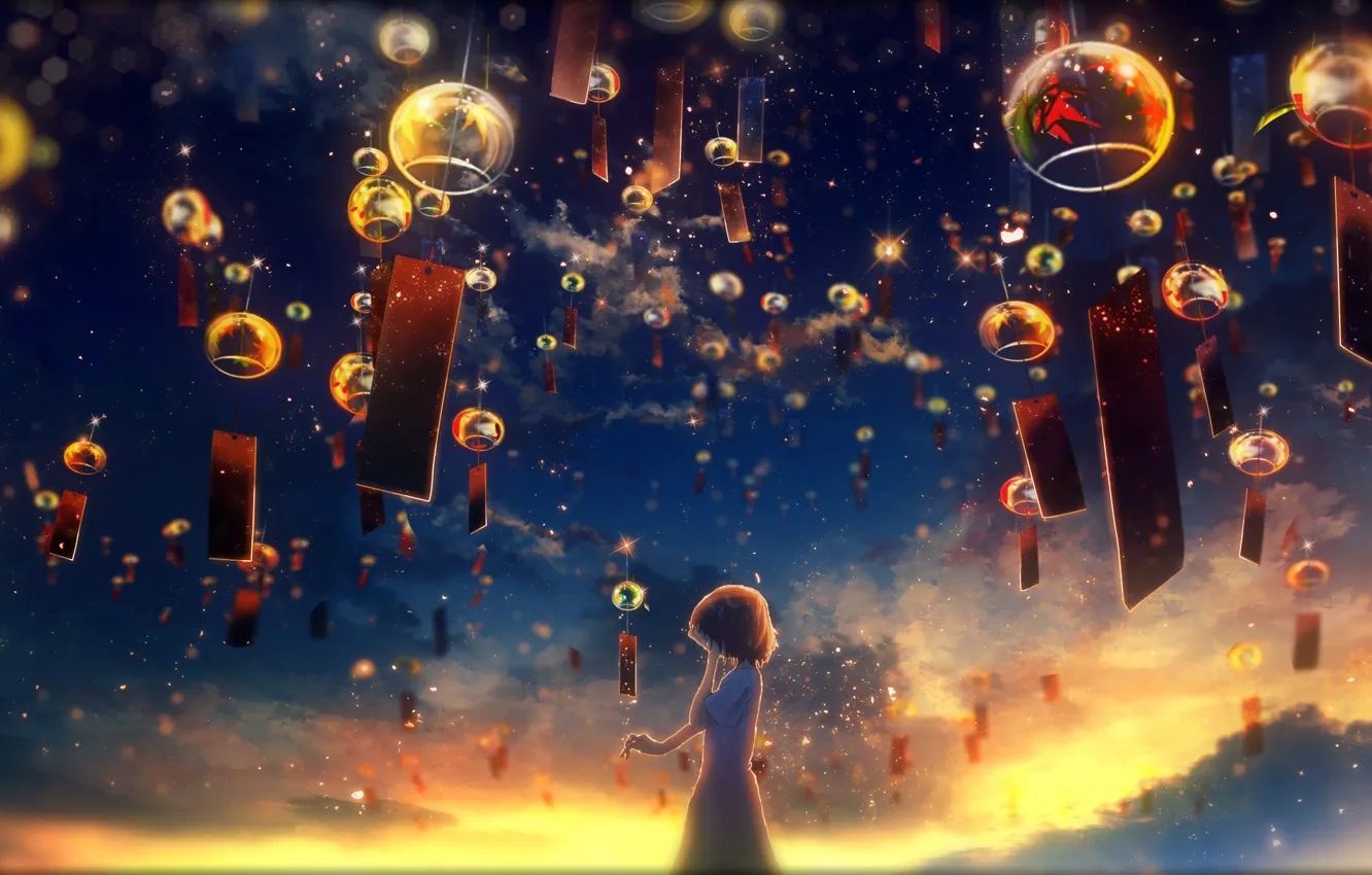 Photo wallpaper the sky, girl, sunset, bells, Y_Y