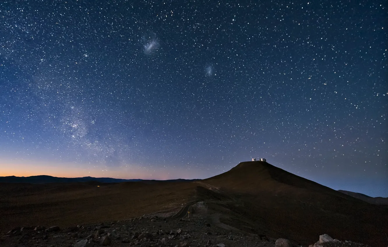 Photo wallpaper the sky, stars, night, desert, The milky way, Chile, Atacama, The Magellanic clouds