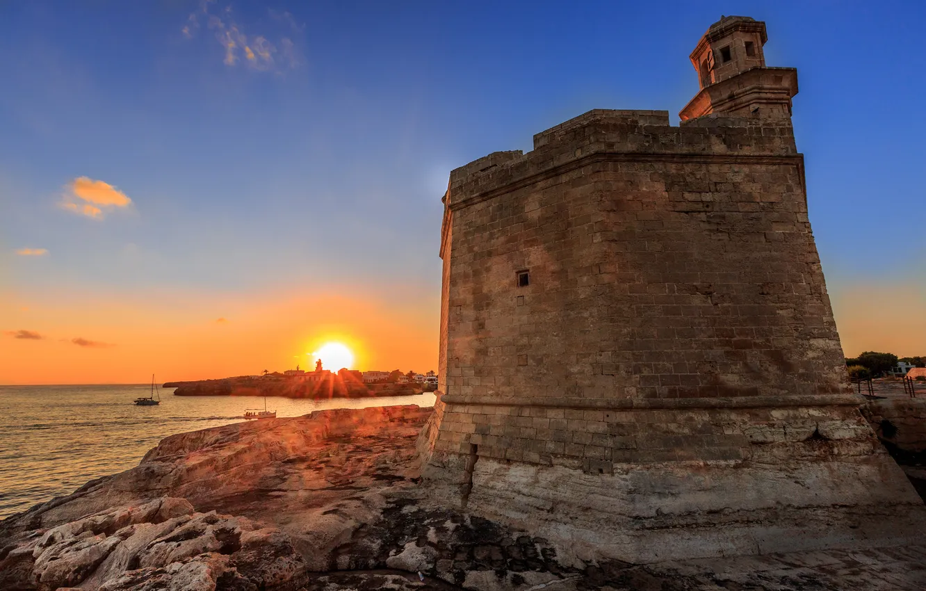 Photo wallpaper landscape, rocks, dawn, lighthouse, fortress, Balearic Islands, Citadel