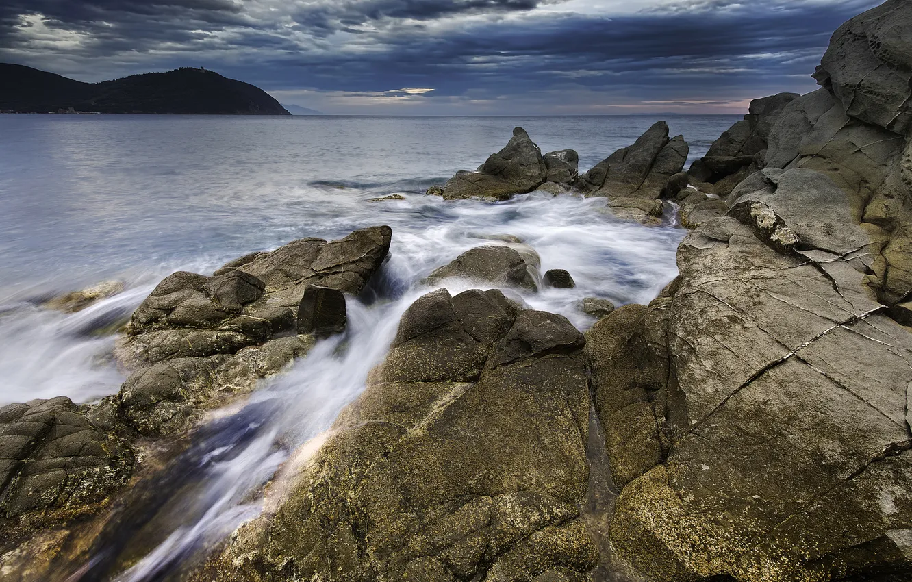 Photo wallpaper sea, clouds, stones, rocks