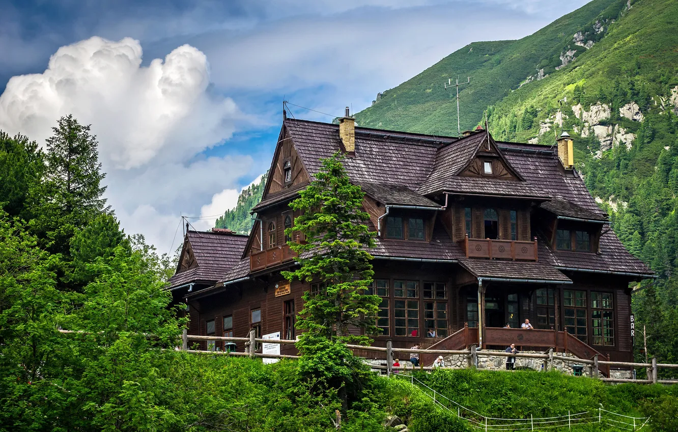 Photo wallpaper clouds, trees, mountains, house, rocks, Poland, the hotel, Zakopane