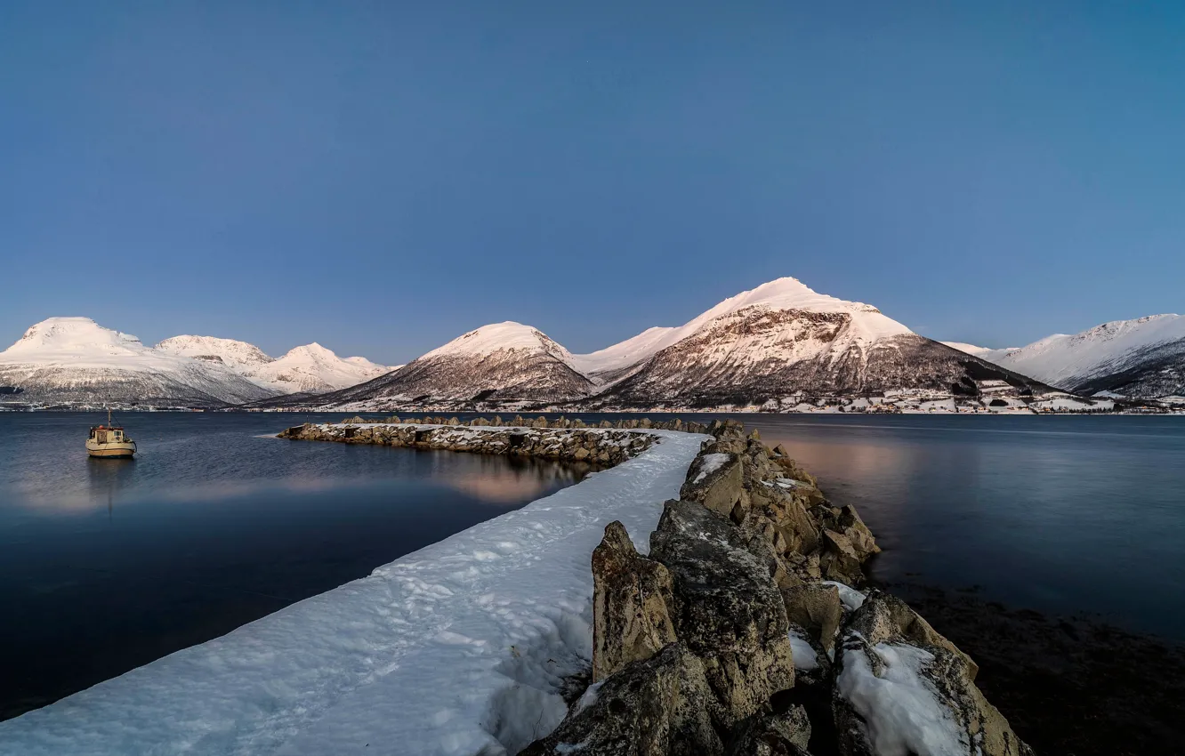 Photo wallpaper snow, mountains, Norway, Troms, Balsfjord