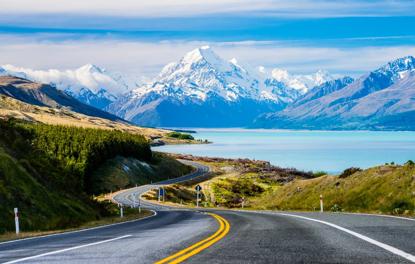 Photo wallpaper road, river, sky, trees, landscape, New Zealand, nature, water