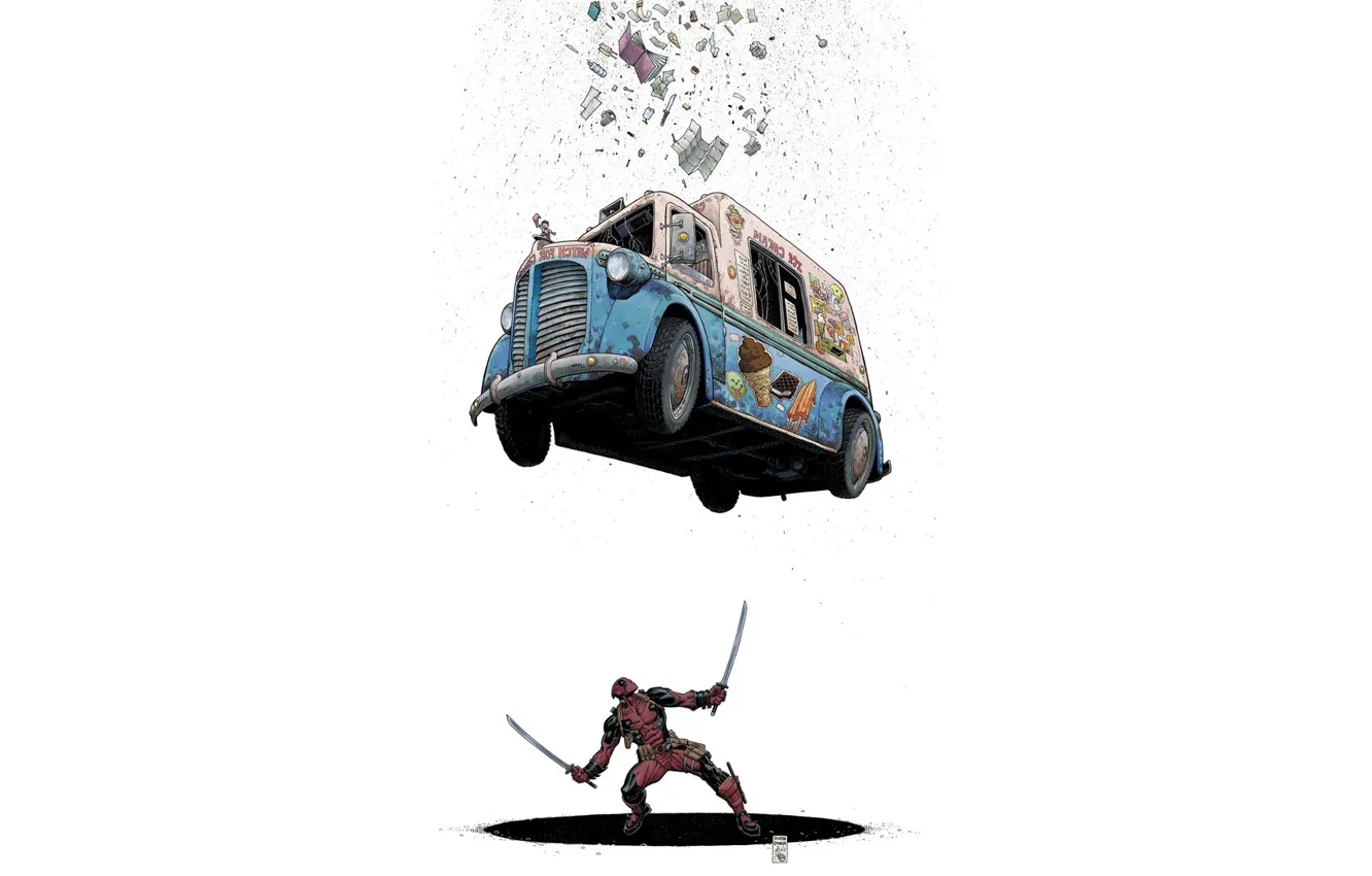 Photo wallpaper car, machine, sword, costume, ice cream, van, Deadpool, Marvel
