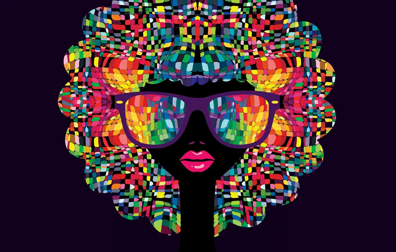 Photo wallpaper girl, mosaic, glasses, lips, colorfull