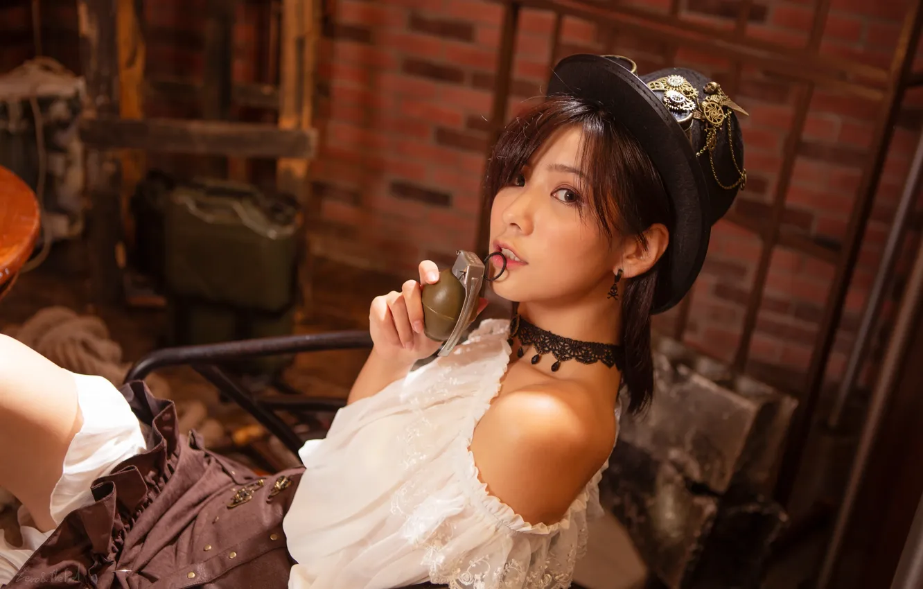 Photo wallpaper look, girl, hat, Asian, garnet