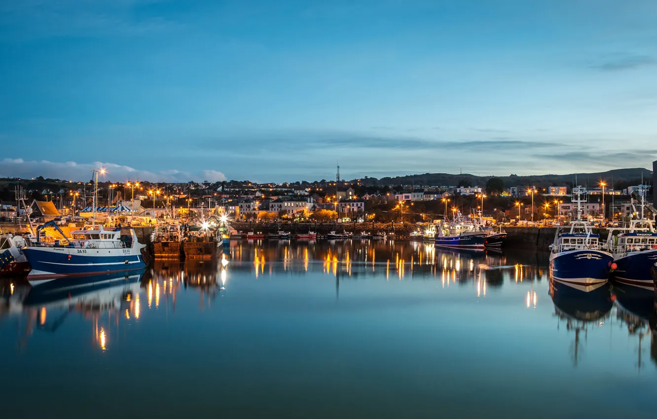 Photo wallpaper sea, lights, home, the evening, Bay, Ireland, boats, harbour