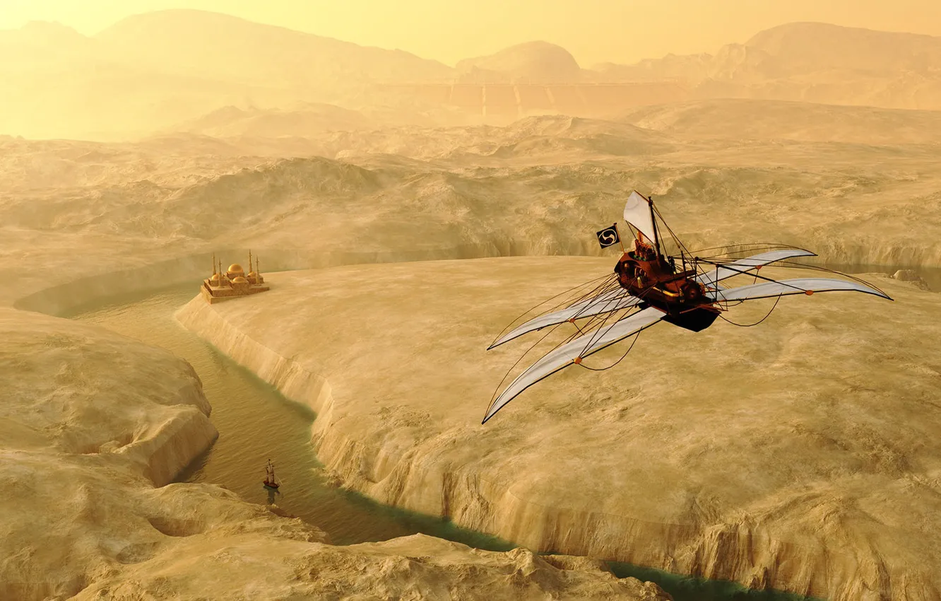 Photo wallpaper river, ship, plateau, settlement, golden city