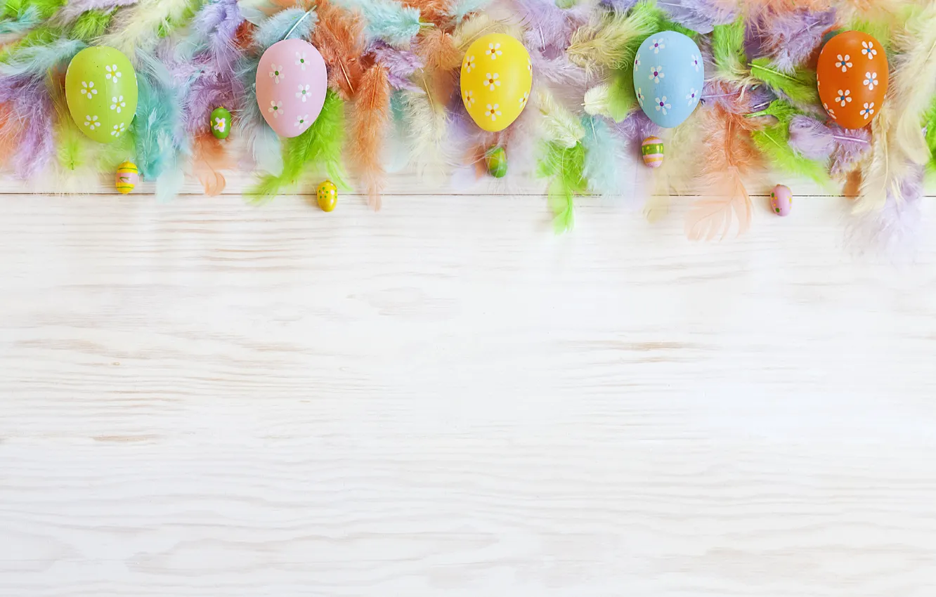 Photo wallpaper eggs, feathers, colorful, Easter, flowers, Easter, eggs, decoration