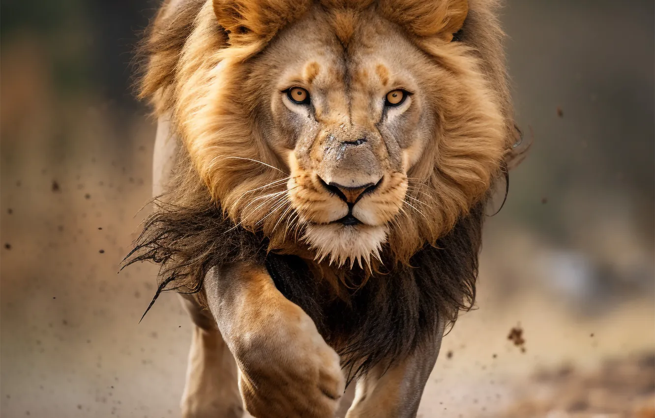 Photo wallpaper look, face, predator, Leo, running, front, big cat, digital art