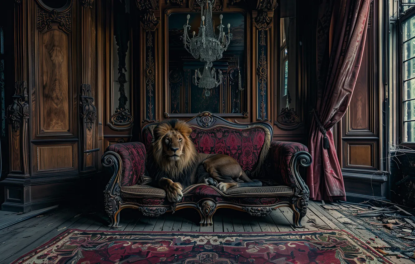 Photo wallpaper sofa, Leo, the king of beasts, wild cat, neural network