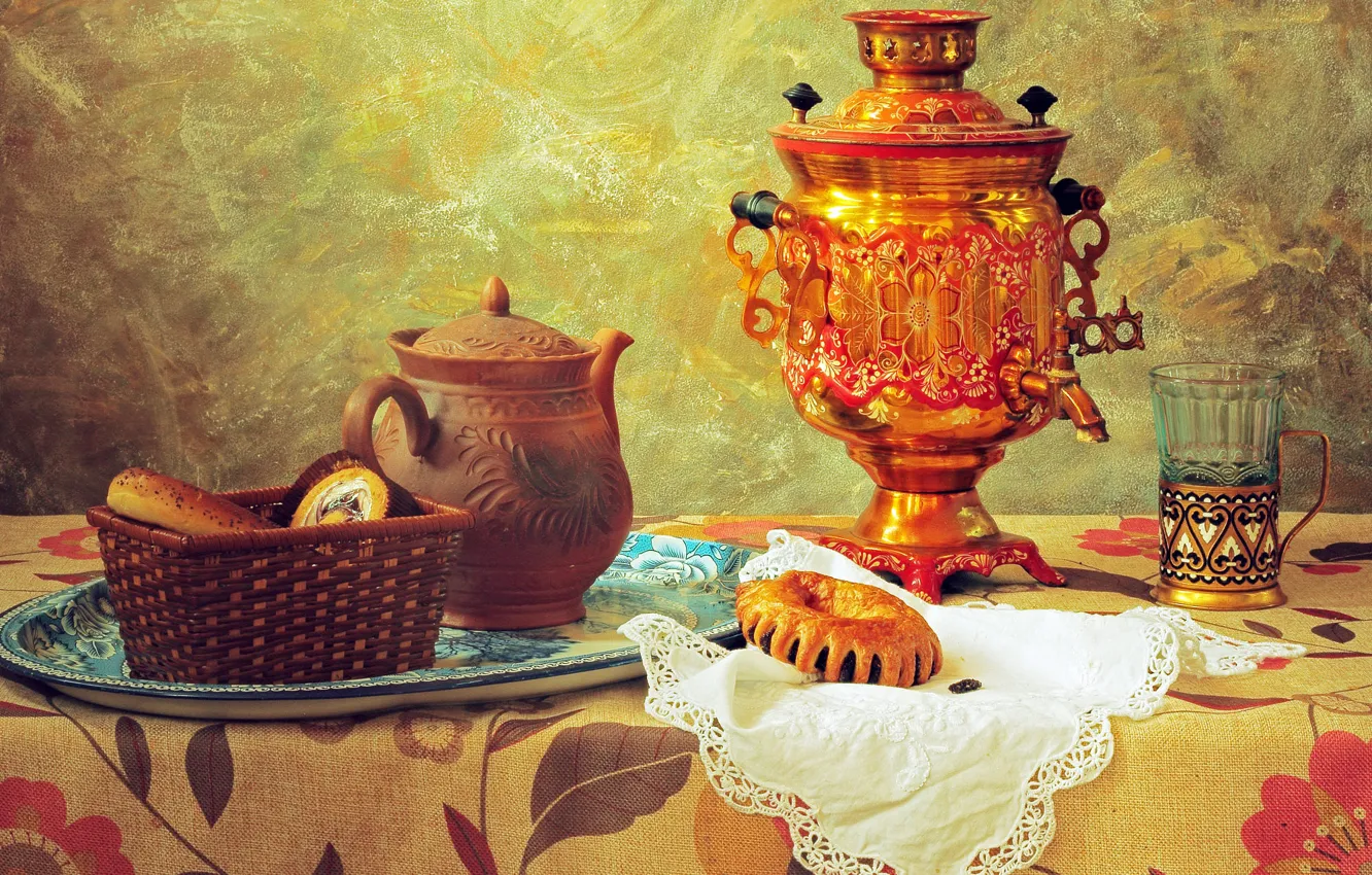 Photo wallpaper table, kettle, cookies, still life, samovar