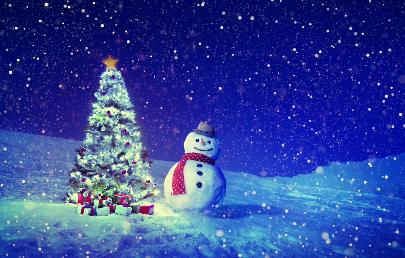 Photo wallpaper winter, snow, night, box, graphics, star, scarf, Christmas