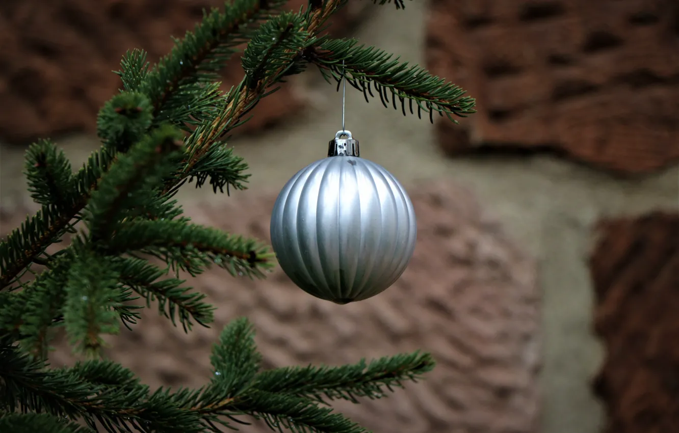 Photo wallpaper balls, branches, stones, wall, holiday, new year, silver, Christmas