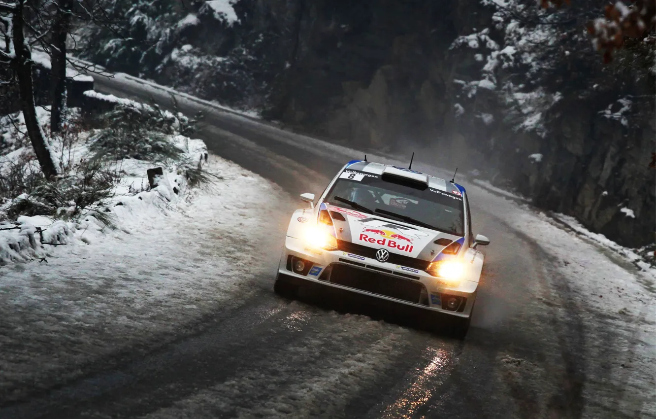 Photo wallpaper road, Winter, Auto, Snow, Volkswagen, Lights, Red Bull, WRC