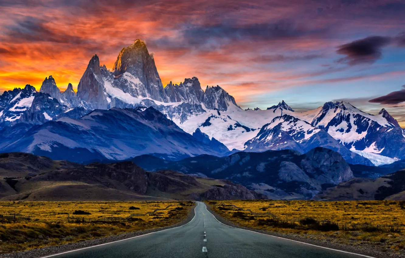 Photo wallpaper road, sunset, mountains