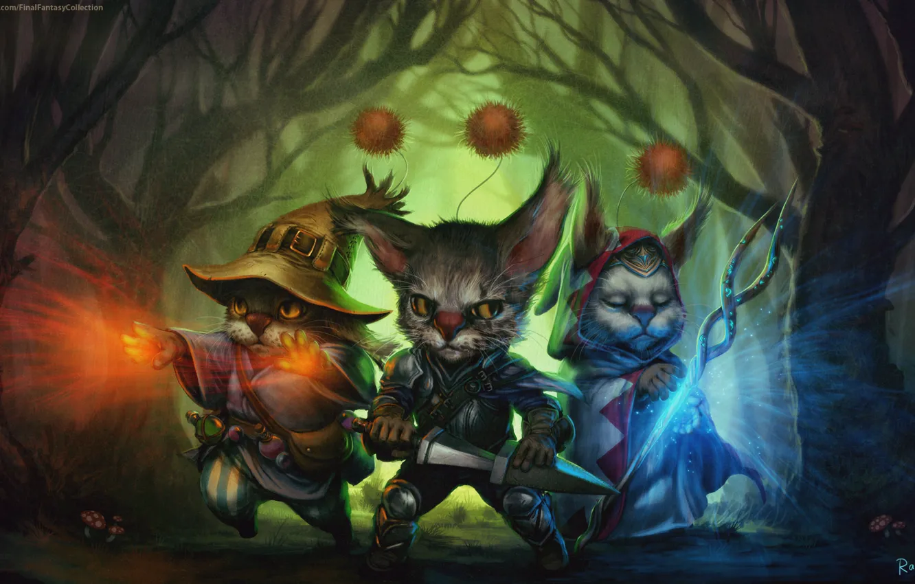 Photo wallpaper forest, fantasy, art, warriors, final fantasy moogle
