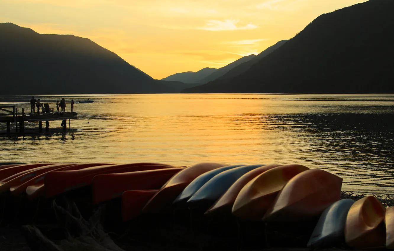 Photo wallpaper sunset, mountains, lake, boat