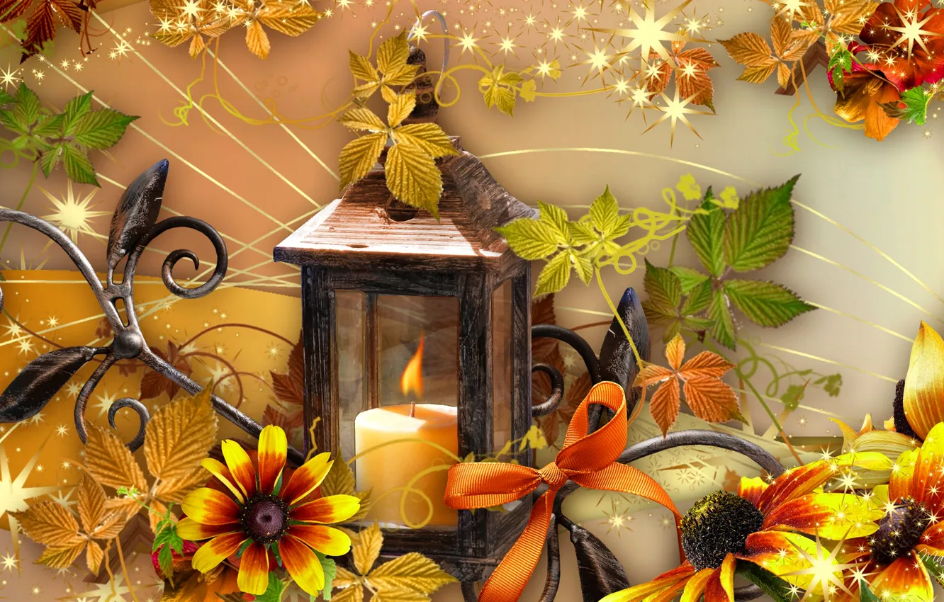Photo wallpaper autumn, flowers, mood, collage, candle, lantern