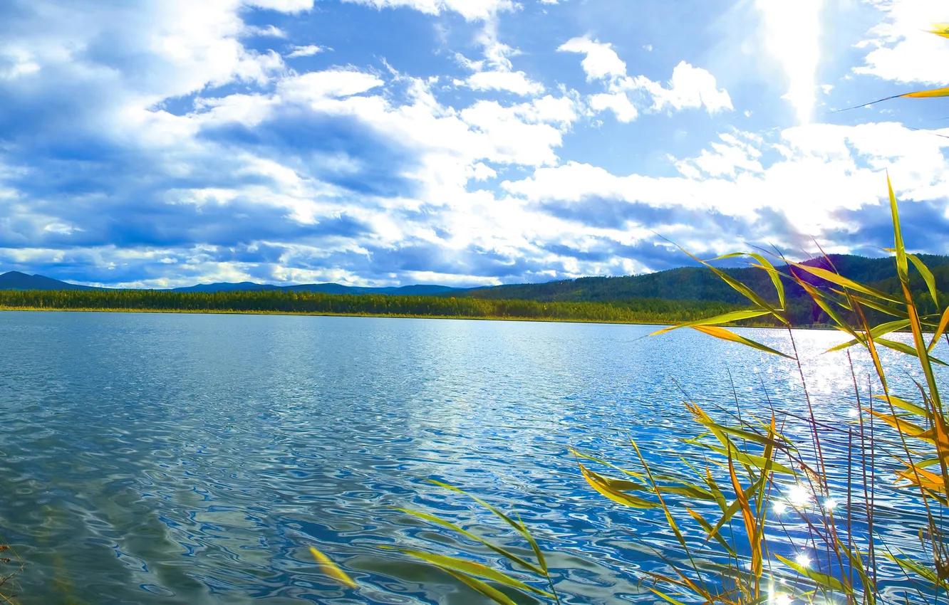 Photo wallpaper the sky, grass, clouds, landscape, river, hills, horizon