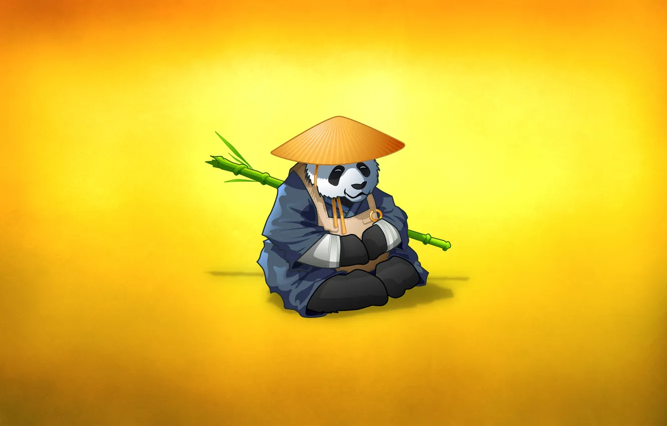 Photo wallpaper animal, branch, hat, bamboo, bear, Panda, monk, sitting