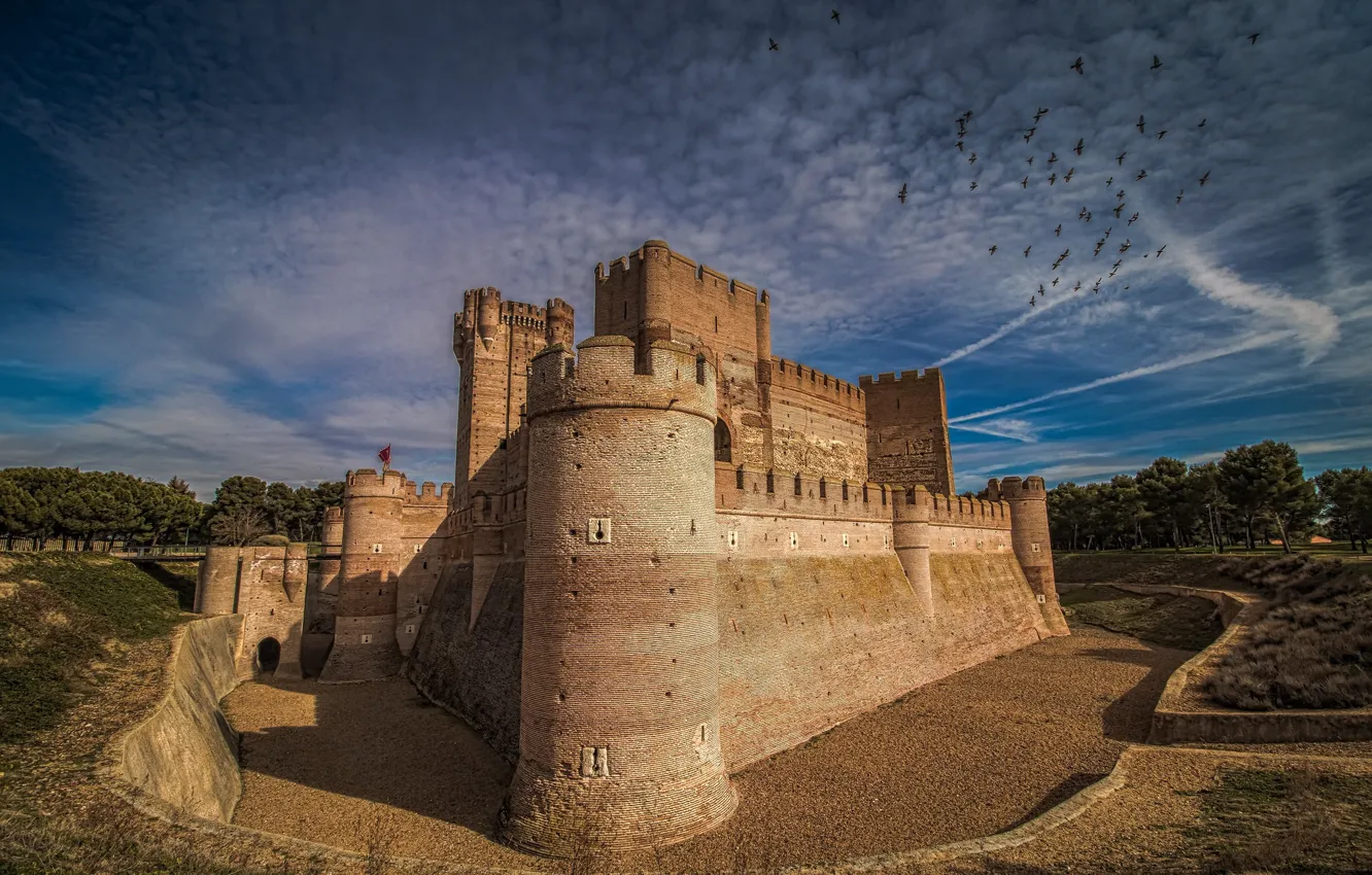Photo wallpaper the sky, castle, a flock of birds, Castle of la Mota