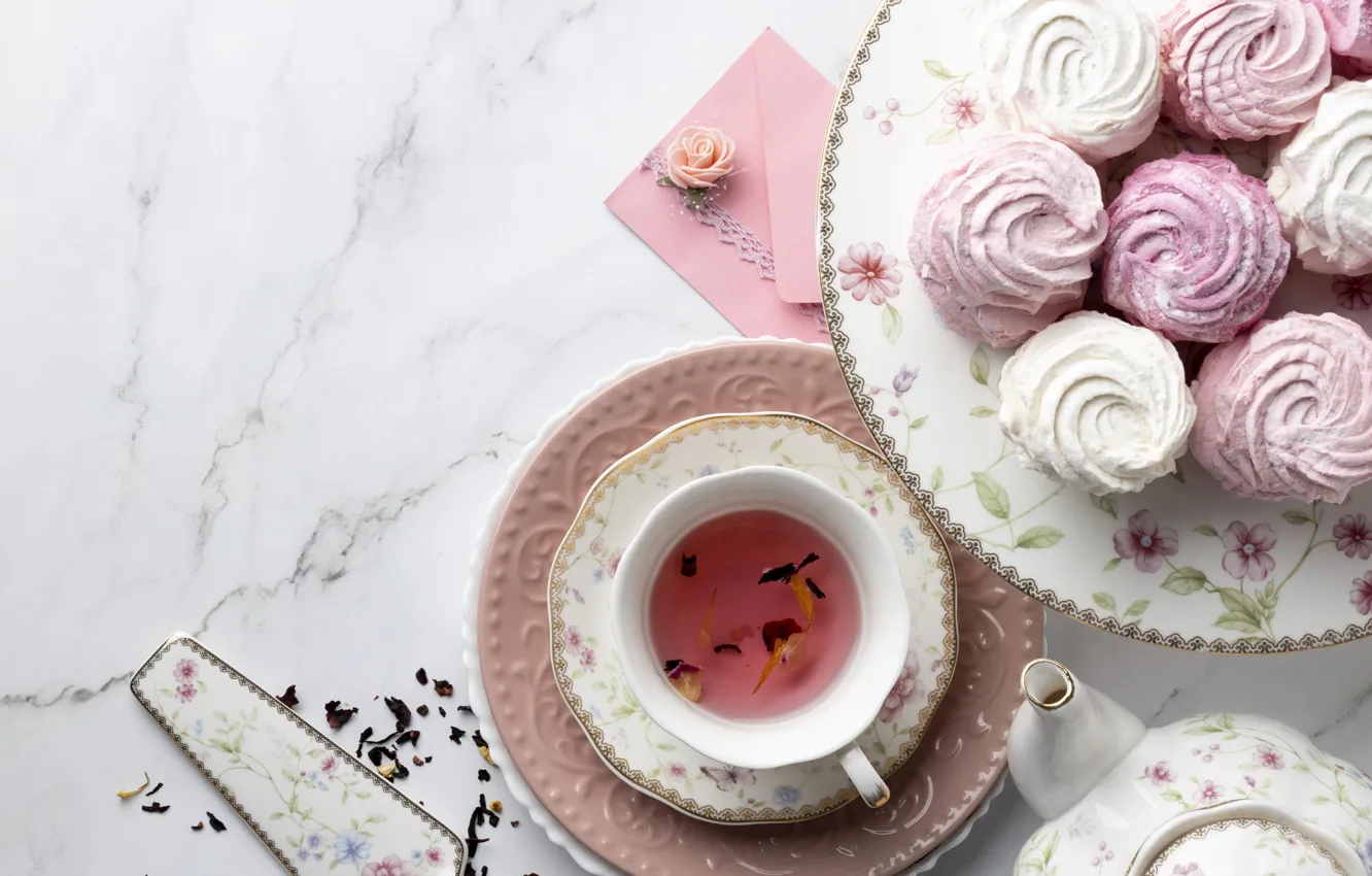 Photo wallpaper tea, kettle, Cup, marshmallows