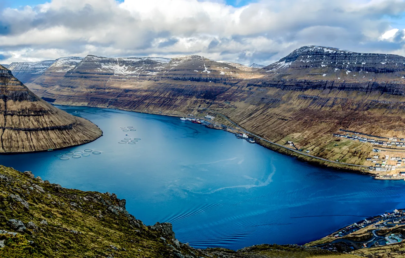 Photo wallpaper clouds, mountains, ship, Denmark, panorama, Bay, the view from the top, harbour