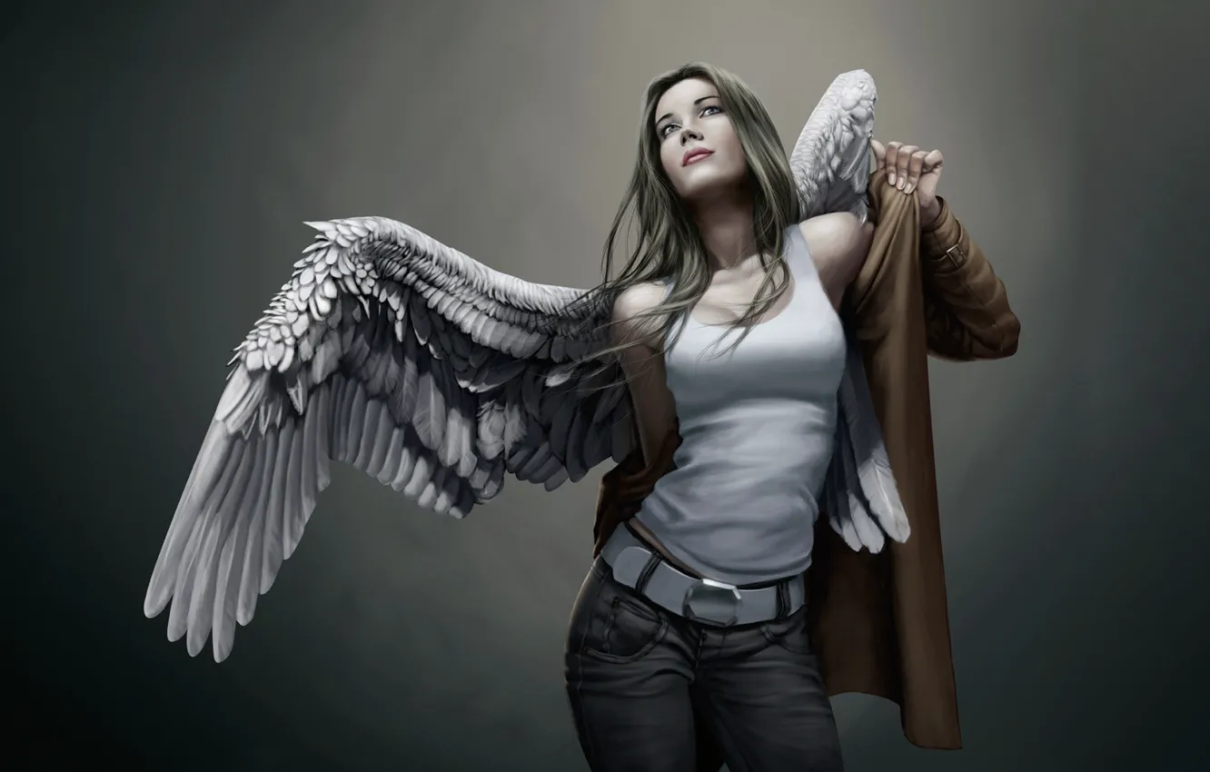 Photo wallpaper girl, wings, jeans, angel, Mike, cloak, dresses