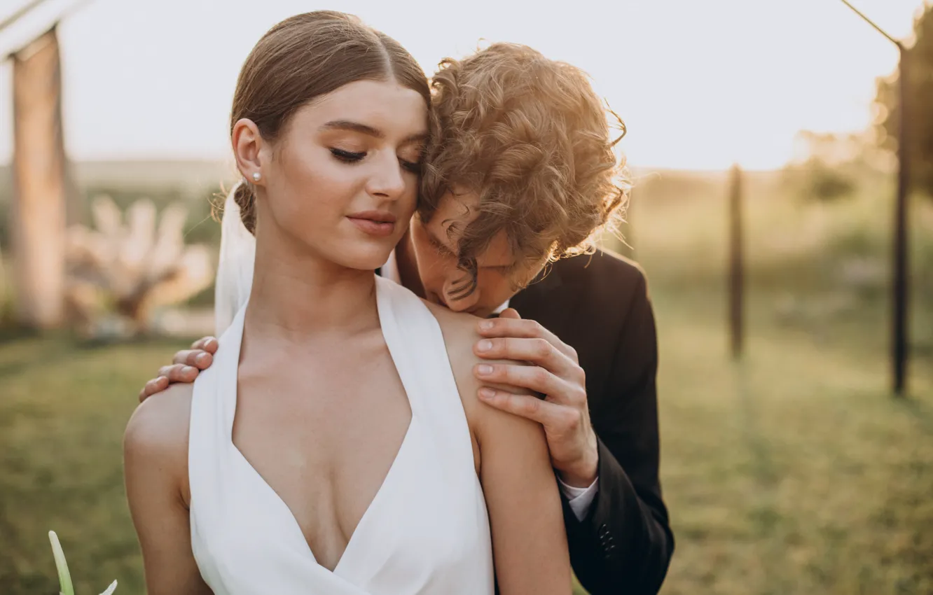 Photo wallpaper white, girl, love, nature, pose, sweetheart, glade, tenderness