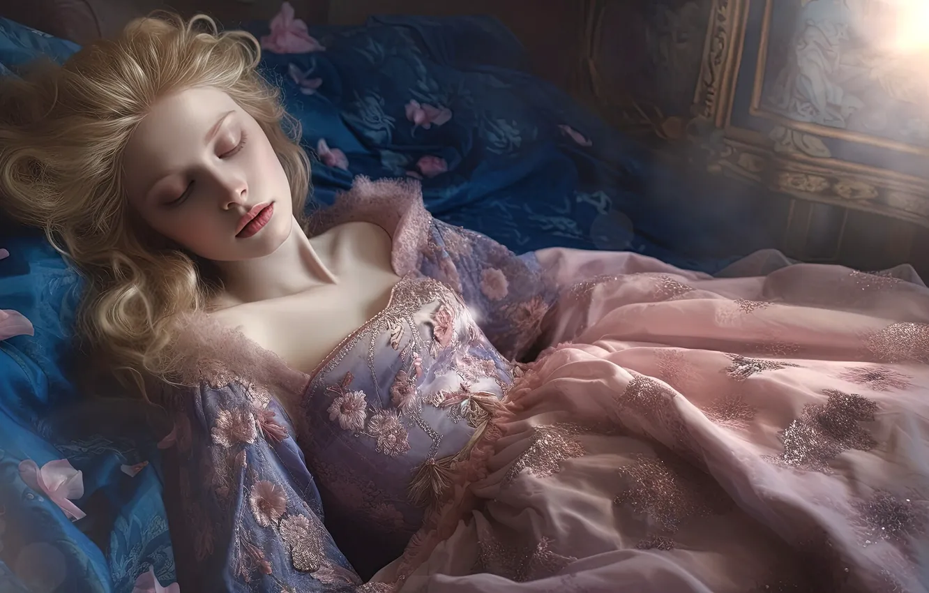 Photo wallpaper girl, flowers, sleep, dress, Princess, sleeping, neural network